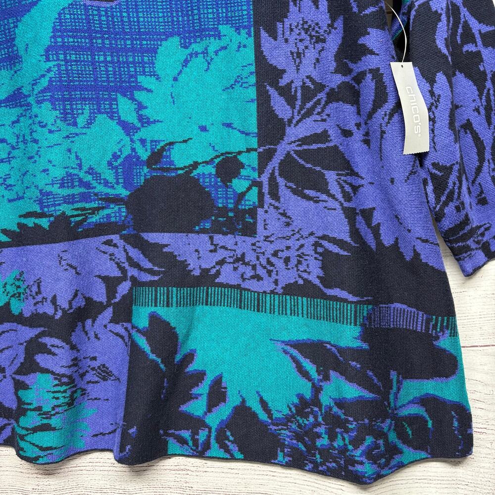 NWT Chico's size 3 (XL/16) Blue Teal Floral Print Knit Tunic Sweater 3/4 Sleeve - Picture 3 of 9